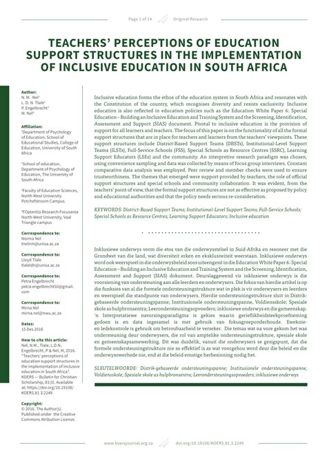 (PDF) Teachers' perceptions of education support structures in the implementation of inclusive ...