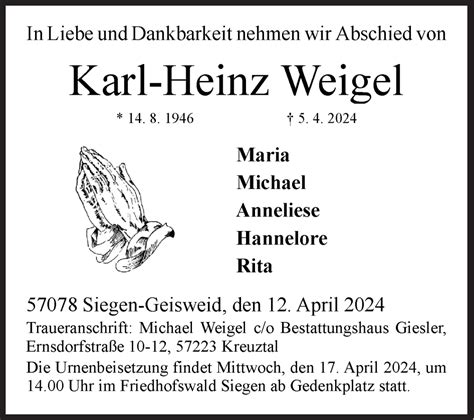 Traueranzeigen Von Karl Heinz Weigel Trauer De