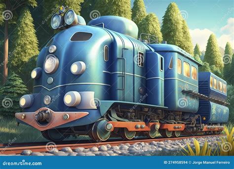 Cartoon Illustration, of Blue Train with Railway Carriages, Ai ...