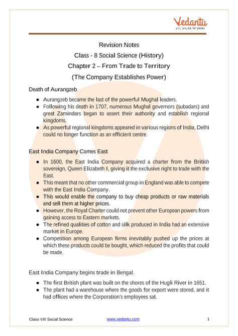 From Trade To Territory Class Notes Cbse History Chapter Pdf