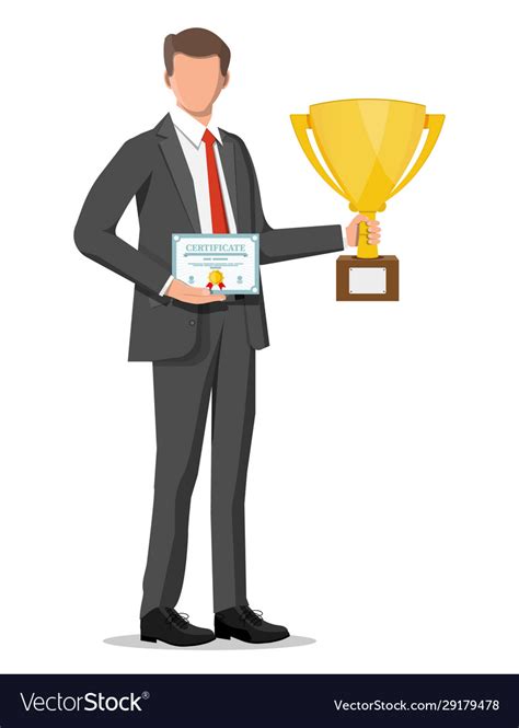 Businessman Holding Trophy And Showing Certificate