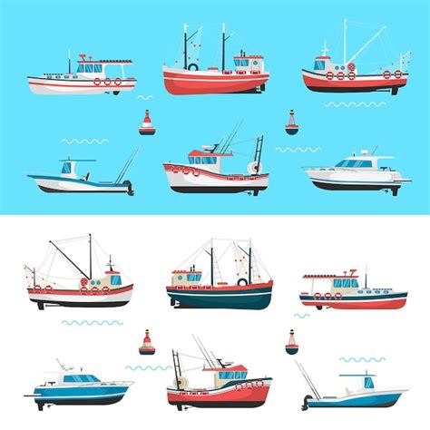 Conjunto De Barcos De Pesca Vector Premium