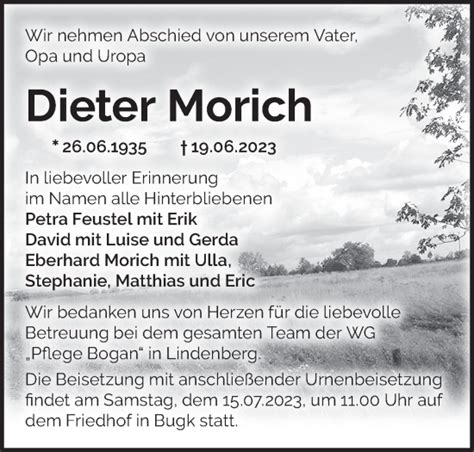 Traueranzeigen von Dieter Morich Märkische Onlinezeitung Trauerportal