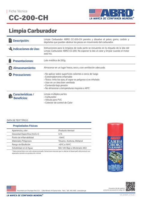 ABRO Limpia Carburador CC 200 CH 1 CC 200 CH Ficha Técnica Limpia