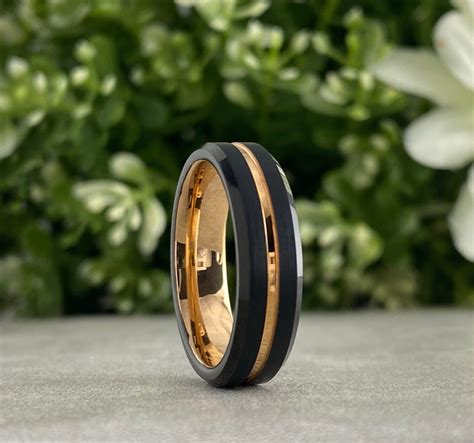 Rose Gold Tungsten Ring Black Beveled Wedding Band Men Women 6mm Anniversary Proposal Engagement