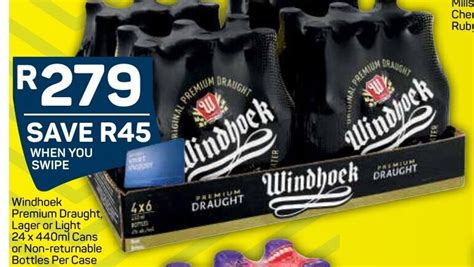 Windhoek Premium Draught Lager Or Light 24x440ml Cans Or Non Returnable