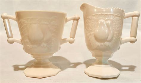 Pink Milk Glass Footed Cream And Sugar Set With Raised Pear Fruit Pattern