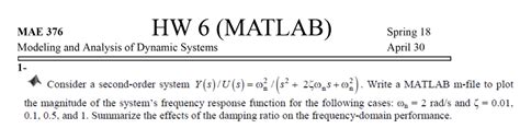 Solved HW 6 MATLAB MAE 376 Modeling And Analysis Of Chegg