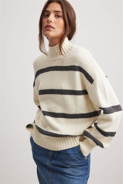 Turtle Neck Knitted Striped Sweater Offwhite Na Kd