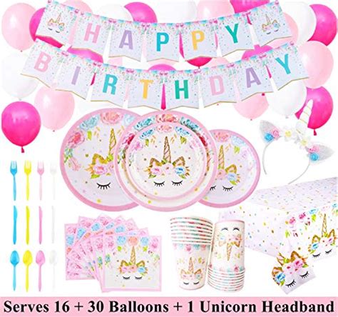 Unicorn Party Supplies Set with BONUS Glittery Unicorn Headband and 30 Balloons | Disposable ...