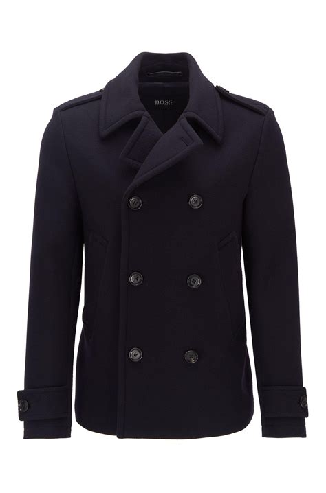 Boss Pea Coat In Virgin Wool And Cashmere In Dark Blue Blue For Men