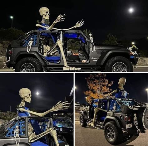 Two Pictures Of A Skeleton Driving A Jeep At Night And In Front Of The Car