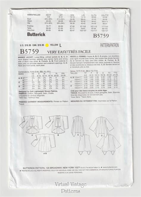 Womens Loose Fitting Jacket Pattern Butterick B5759 Xs S M