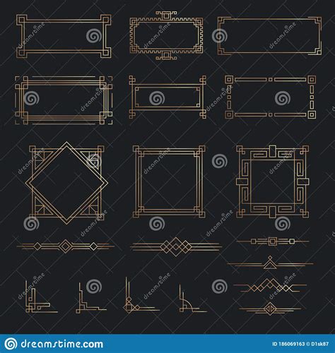 Conjunto De Bordas Douradas Da Linha De Arte Deco Ilustra O Do Vetor