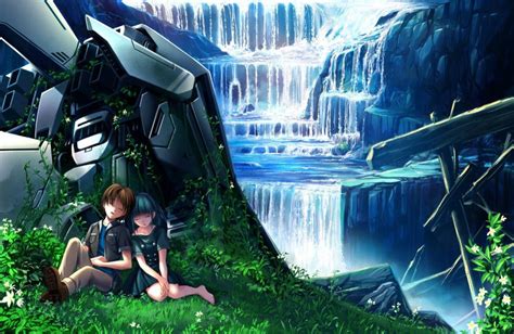 Download Boy And Girl At Waterfall Romantic Anime Couples Wallpaper