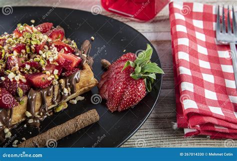 Traditional Belgian Waffles With Fresh Fruit And Whipped Cream Stock