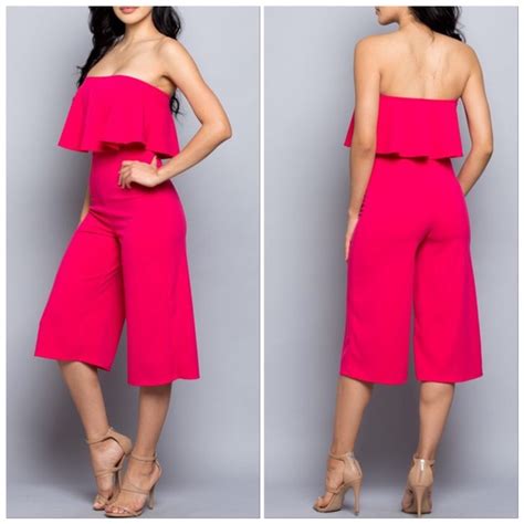 The Denim Bar Pants Jumpsuits Hot Pink Strapless Tube Flounce