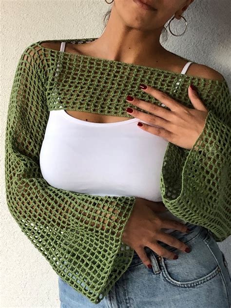 Crochet Bolero Shrug In Green Color Super Crop Top With Long Etsy