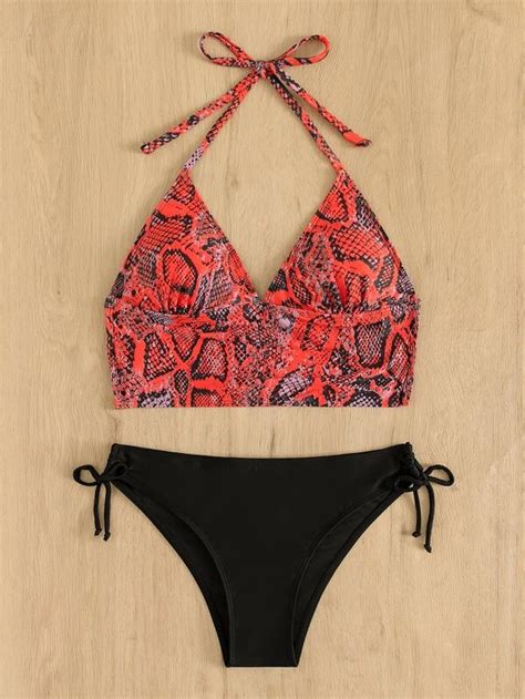 Snakeskin Print Halter Tie Side Bikini Swimsuit Her Shop EG