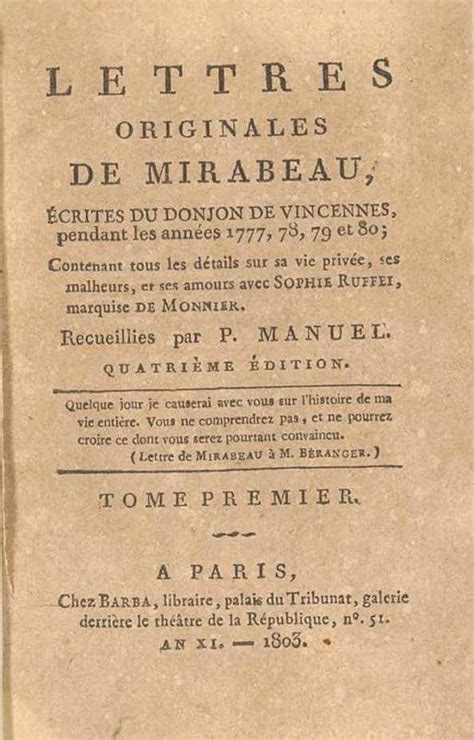 Lettres Originales De Mirabeau Crites Du Donjon De Vincennes Pendant