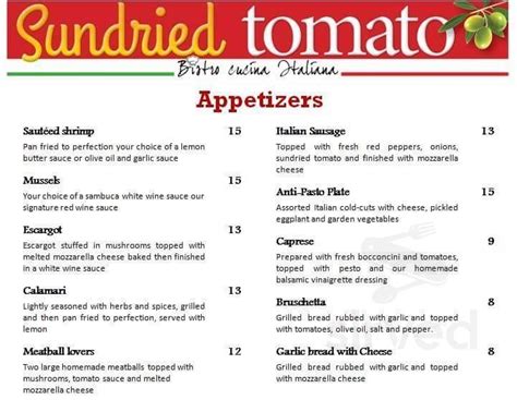 Sundried Tomato Bistro Menu In Windsor Ontario Canada