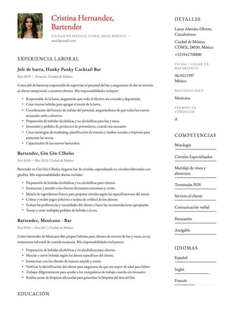 Curr Culum Para Bartender Crea Tu Cv Gratis Plantillas