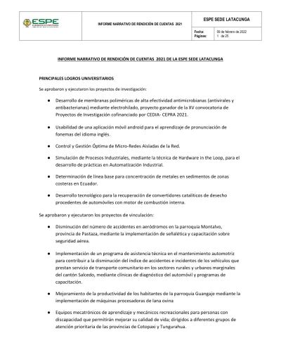 INFORME NARRATIVO DE RENDICIÓN DE CUENTAS 2021 INFORME NARRATIVO DE