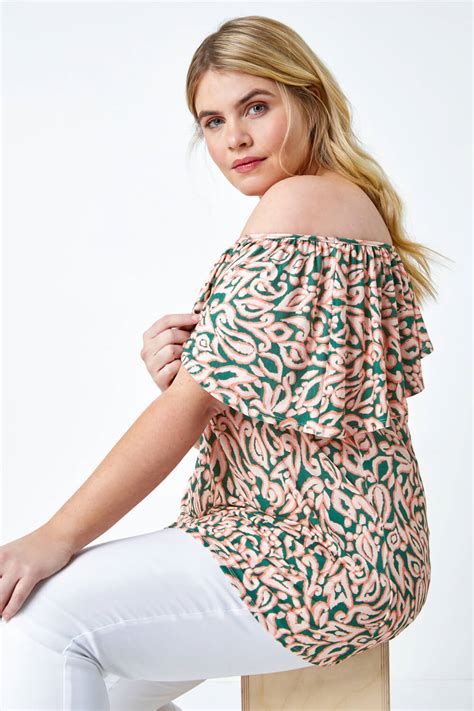 Light Pink Curve Paisley Print Bardot Stretch Top Roman Uk