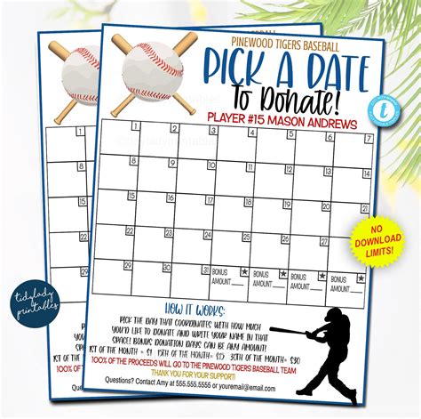 Baseball Pick A Date To Donate Printable Fundraiser Flyer — Tidylady Printables