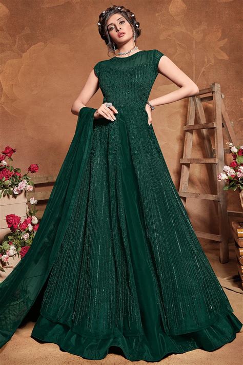 Buy Bottle Green Sequin Embellished Anarkali Dress Online Like A Diva