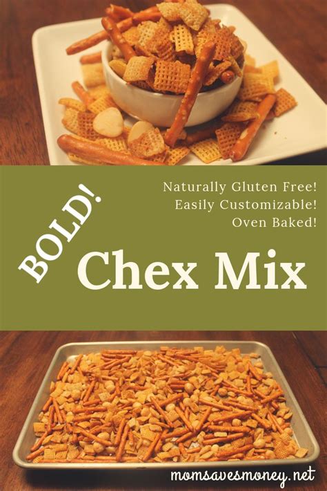 Homemade Chex Mix In A White Bowl On A Wooden Table Next To A Plate