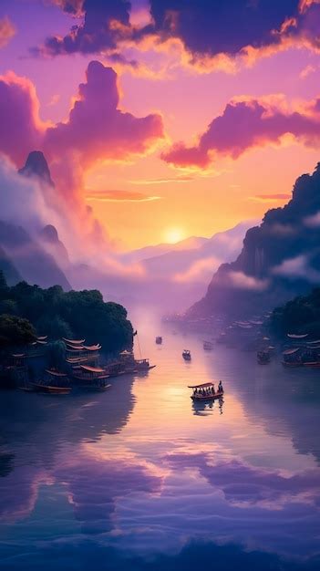 Premium Photo Beautiful Fantasy Riverscape In The Mountains At Sunset