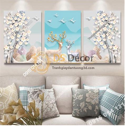 Tranh Treo Tường Phòng Khách Con Nai 3D Loại 3 Bức TT3D02