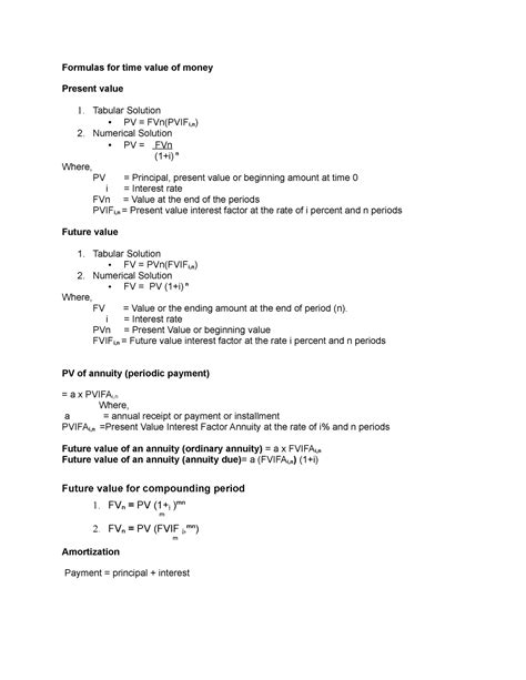 Formulas For Time Value Of Money Formulas For Time Value Of Money Present Value 1 Tabular