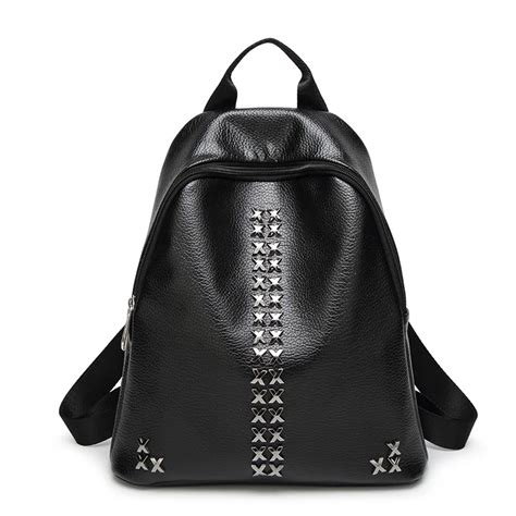 Pu Leather Women Backpack Rivet Simple Casual Schoolbag Medium Size Daypack Girls Daily Bag