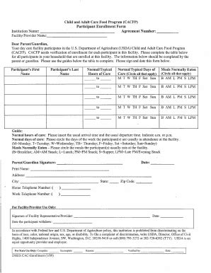 Fillable Online CACFP Participant Enrollment Form Fax Email Print