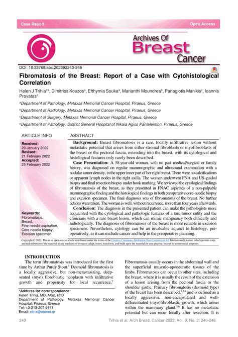 Pdf Fibromatosis Of The Breast Report Of A Case With Cytohistological Correlation