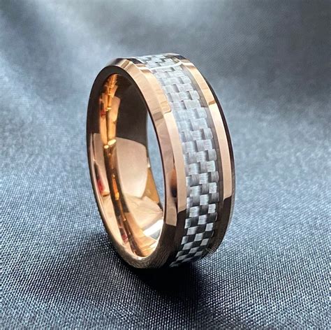 Rose Gold Tungsten Ring Men Wedding Band White Grey Carbon Fiber Inlay Beveled 8mm Size 5 To 14