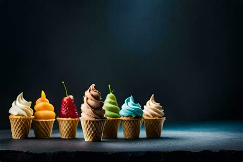 different flavors of ice cream in cones on a dark background. AI ...