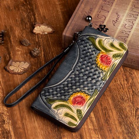 Handmade Leather Wristlet Wallet Womens Floral Zip Around Wallets Flow