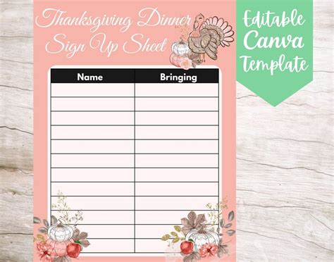 Editable And Printable Fall Thanksgiving Dinner Sign Up Sheet Template