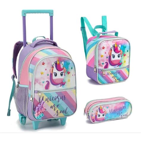 Kit Mochila Escolar Infantil Menina Unicornio Rodinhas Mochila