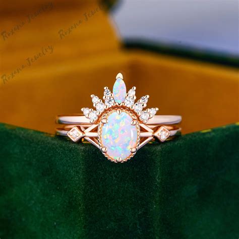 Vintage Oval Opal Wedding Ring Sets Women Rose Gold Engagement Etsy