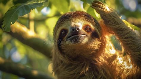 Happy Sloth Hanging On The Tree Generative Ai Stock Illustration