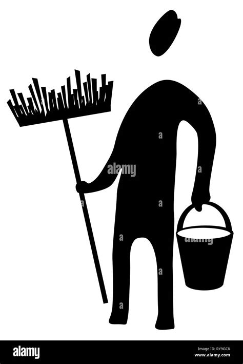 Cleaner Janitor Figure Stencil Black Vector Illustration Horizontal