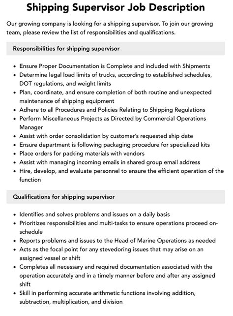 Shipping Supervisor Job Description Velvet Jobs