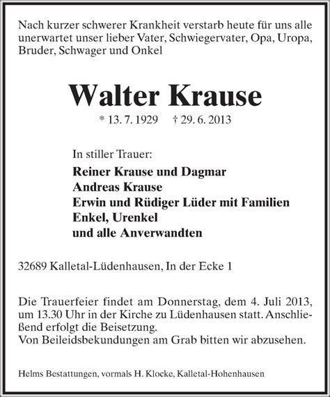 Traueranzeigen Von Walter Krause Lz Trauer