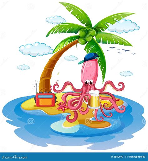 Octopus Cartoon Character At The Beach Stock Vector Illustration Of