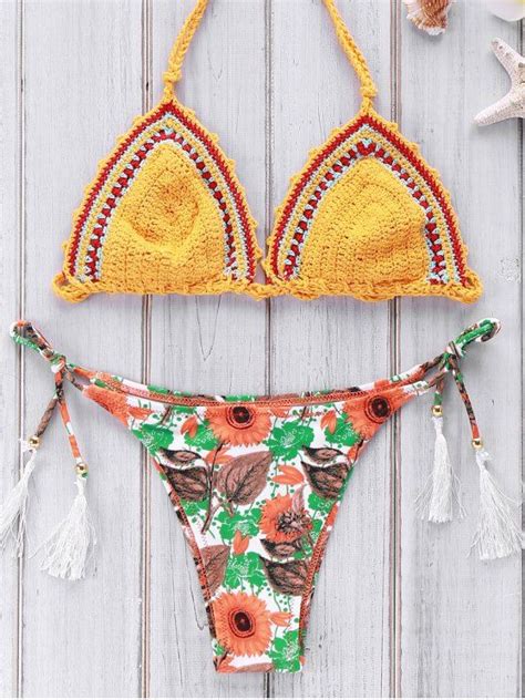 [23 Off] 2021 Printed Crocheted Bikini Set In Yellow Zaful