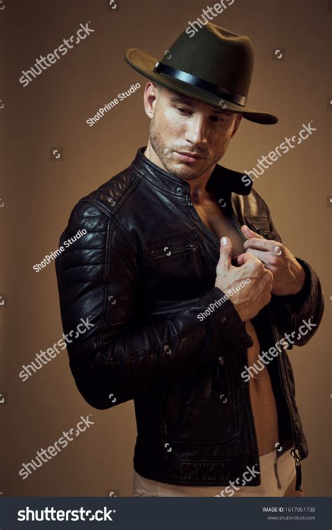 Sexy Man Leather Jacket Hat Naked Foto Stok Shutterstock